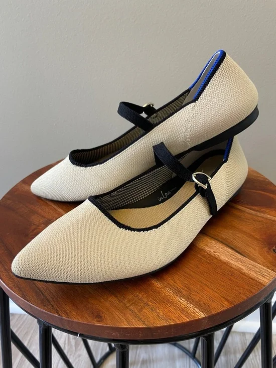 Rothy's Pointed Mary Jane Flats in Cream with Black Trim and Blue Heel sz 8 - Picture 3 of 14
